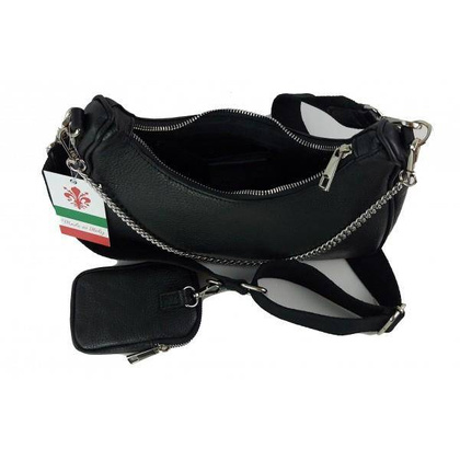 Włoska listonoszka, przewieszka ,Vera Pelle srebrne okucia ,szeroki pasek, Czarna VP742N