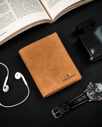 Duzy pionowy portfel meski ze skory naturalnej