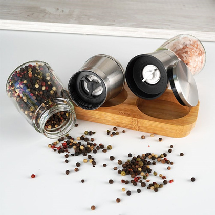 Młynek do mielenia soli i pieprzu na bambusowym stojaku zestaw 3 szt.