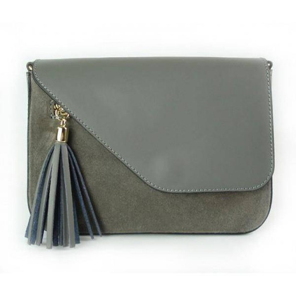 Skórzana torebka listonoszka Vera Pelle złote okucia,frędzelek, zamsz Szara VP113G