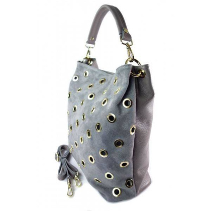 Zamszowy worek, złote okucia,dżety, kółka, Vera Pelle pojemny Szary WK579GZ