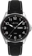 LAVVU Zegarek ze stali nierdzewnej BERGEN Black / Top Grain Leather ze świecącymi cyframi