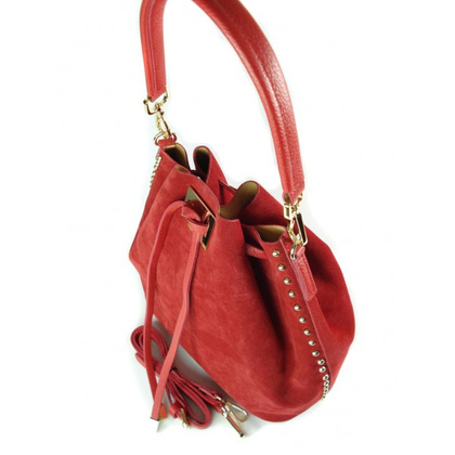 Duży zamszowy skórzany worek na ramię złote okucia dzety czerwony MK46R