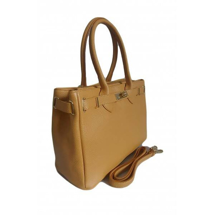 Włoska skórzana torebka kuferek do ręki Vera Pelle, złote okucia Camel KMA35C