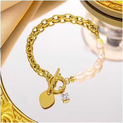 Bransoletka na rękę stal chirurgiczna pozłacana 14k złotem, PEREŁKI BST1515