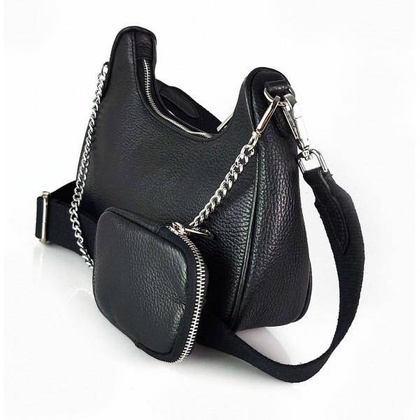 Włoska listonoszka, przewieszka ,Vera Pelle srebrne okucia ,szeroki pasek, Czarna VP742N