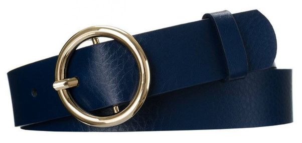 Połyskujący, skórzany pasek damski ze złotą, okrągłą klamrą 100cm granat