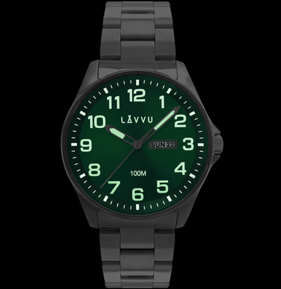 LAVVU Zegarek ze stali nierdzewnej BERGEN Green ze świecącymi cyframi