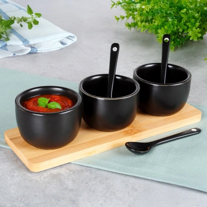 Miseczki na przekąski z łyżeczkami ceramiczne czarne 90 ml 7 el.