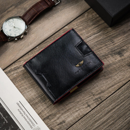 Elegancki portfel męski z czerwonym akcentem