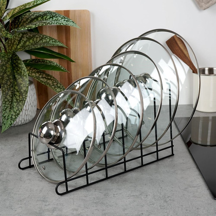 Stojak na pokrywki i talerze metalowy czarny 34x18x18 cm