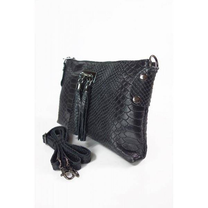 Skórzana włoska listonoszka ,wężowa skórka,frędzelki czarna LP149N