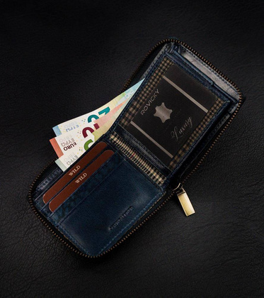 Skórzany, retro portfel męski na zamek Granatowy