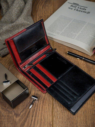 Portfel męski skórzany RFID Rovicky Czarno czerwony