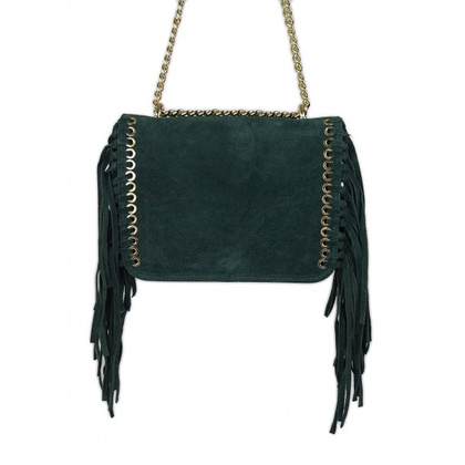 Piękna duża listonoszka A5 frędzle ,złoto ,dzety ,łańcuch skóra zamsz z dollaro zieleń VPZ88V