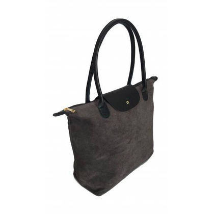 Duża zamszowa włoska torba XL- A4 , worek shopper na ramię Vera Pelle Szara z Czarnym VKA41GN