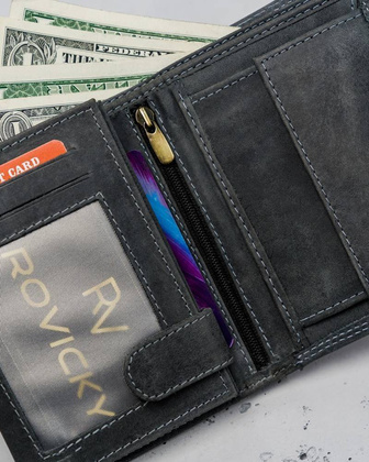 Pionowy, składany portfel męski z zewnętrzną kieszonką na kartę