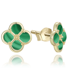 MINET Pozłacane srebrne kolczyki koniczyna z malachitem