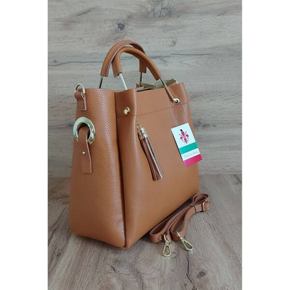 Włoski kuferek Shopperka A4 ,złote okucia + frędzelek Vera Pelle Camel KLV33C