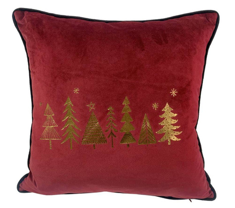 Poduszka welurowa kwadratowa burgundowa ze złotymi choinkami