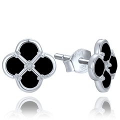 MINET Srebrne kolczyki koniczyna z czarną masą perłową