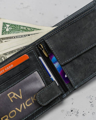 Poziomy, składany portfel męski z zewnętrzną kieszonką na kartę