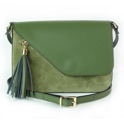 Skórzana torebka listonoszka Vera Pelle złote okucia,frędzelek, zamsz Zieleń VP113V