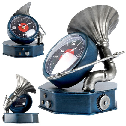 Zegar stołowy gramofon metalowy granatowy retro vintage 16,5x16,5 x 19 cm
