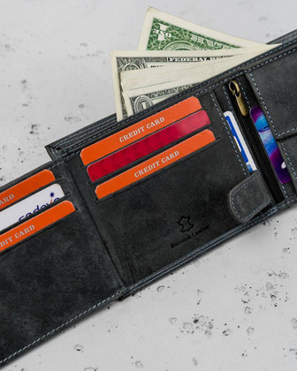 Poziomy, składany portfel męski z zewnętrzną kieszonką na kartę