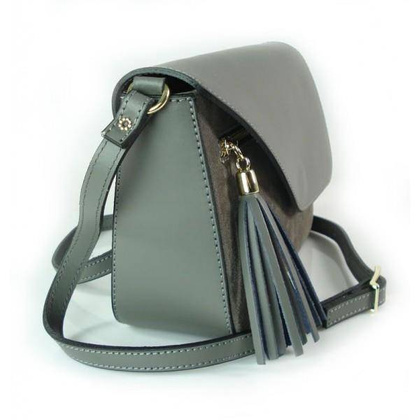 Skórzana torebka listonoszka Vera Pelle złote okucia,frędzelek, zamsz Szara VP113G