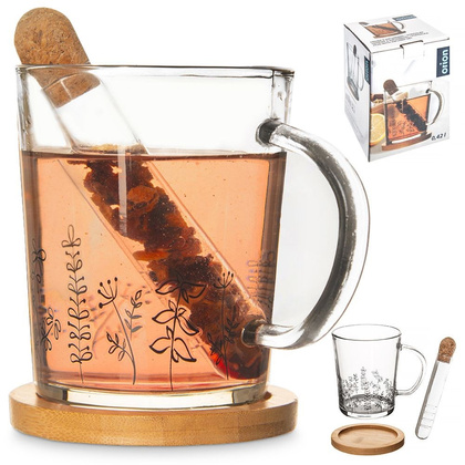 Kubek szklany z zaparzaczem i podstawką bambusową rośliny zestaw 3 el. 400 ml