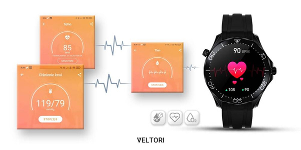 Smartwatch Veltori VT150-1 Czarny Pasek Silikonowy + Czarna Bransoleta