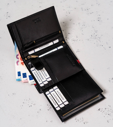 Pionowy portfel meski z zasuwanym schowkiem