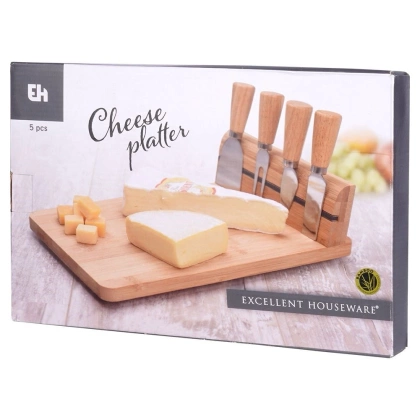 Deska bambusowa do krojenia serwowania serów + 4 noże stalowe do sera