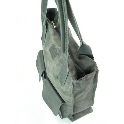 SZARY ZAMSZOWY WOREK VERA PELLE KIESZENIE SKÓRA POJEMNA TORBA XXL A4 BYC88G KEMER