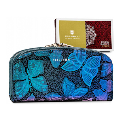 Skórzany portfel damski zdobiony holograficznymi motylami