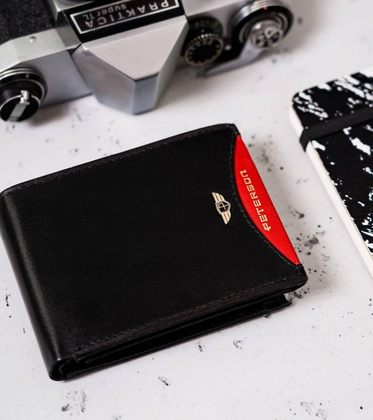 Mały, skórzany portfel męski w orientacji poziomej z systemem RFID