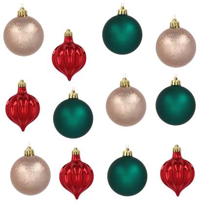 Zestaw 12 bombek choinkowych 6cm – zielone, złote, czerwone, w tubie