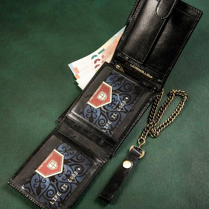 Poziomy portfel męski ze skóry naturalnej z łańcuchem