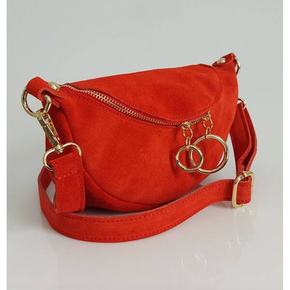 Czerwona zamszowa listonoszka - nerka Włoska Vera Pelle złote okucia kółka LN633R