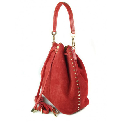 Duży zamszowy skórzany worek na ramię złote okucia dzety czerwony MK46R