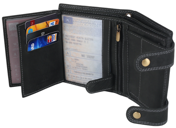 Atrakcyjny, skórzany portfel męski z mosiężnym łańcuchem