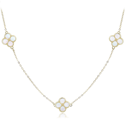 MINET Pozłacany srebrny naszyjnik koniczynkami z białą masą perłową