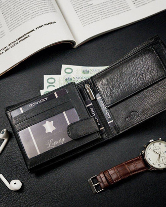 Poziomy portfel męski ze schowkiem na suwak, skóra naturalna, rfid stop