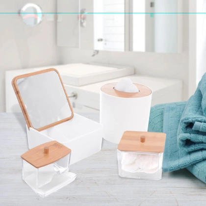 Mini kosz łazienkowy na śmieci odpady biały z bambusową pokrywką stołowy 1,5 l