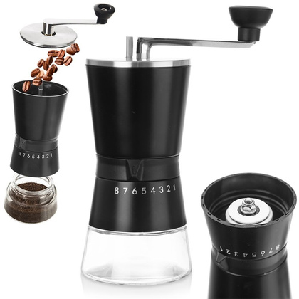 Młynek do mielenia kawy ręczny z regulacją stalowy szklany 21 cm