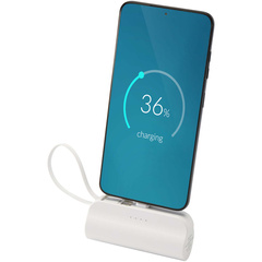 Alnair powerbank o pojemności 5000 mAh i mocy 10 W, wykonany z tworzyw sztucznych pochodzących z recyklingu, z wbudowaną podstawką i kablem 2 w 1
