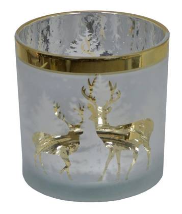 Świecznik szklany ze złotymi reniferami duży
